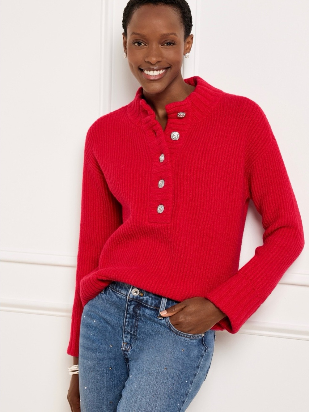 Talbots Petite Red Rhinestone Button Mock Neck Sweater LP⁠